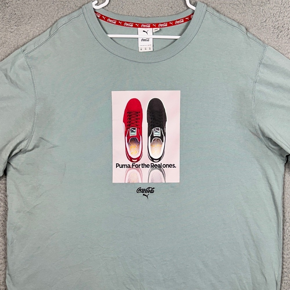 Puma T-Shirt Mens 2XL Sage Green Coca-Cola Collaboration Graphic Tee Crew Neck